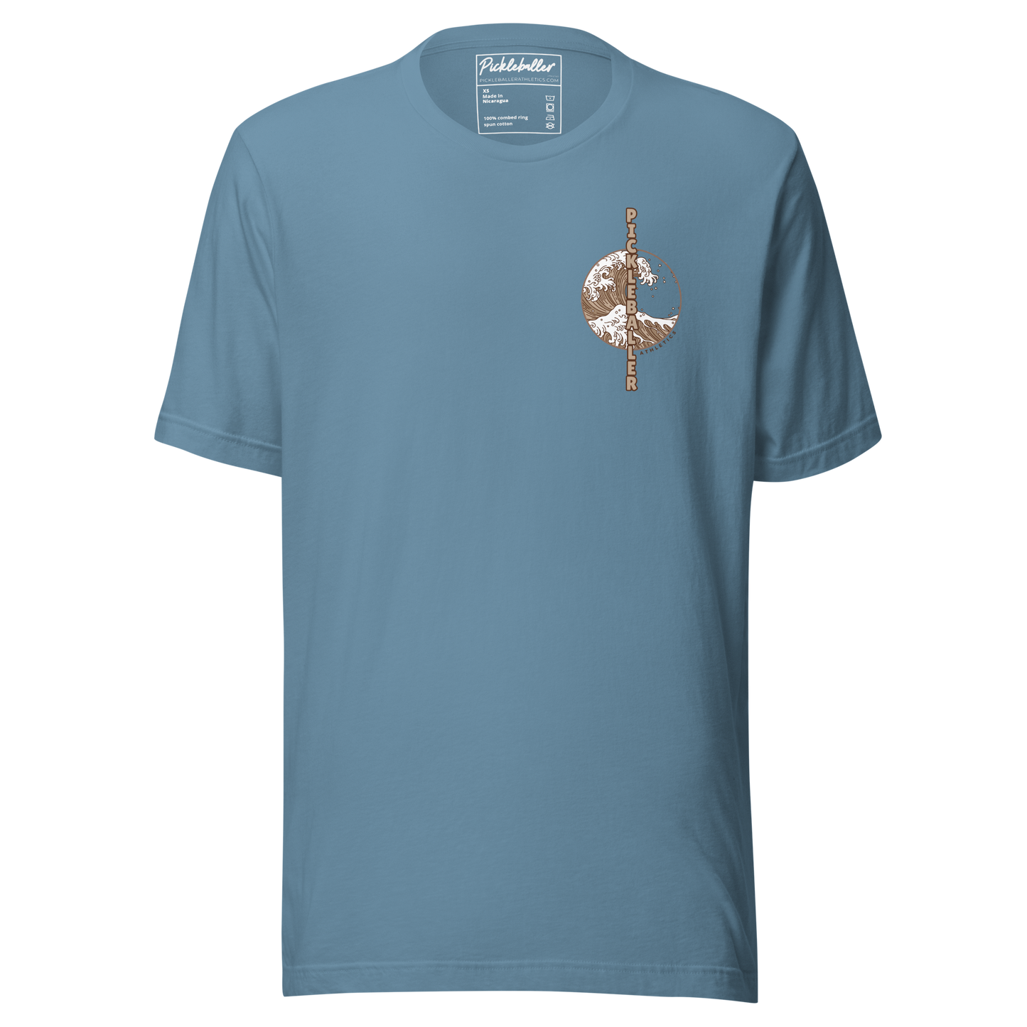 Pickleballer Athletics steel blue unisex t-shirt with neutral tan Japanese artistic wave design. Made by and for pickleballers!